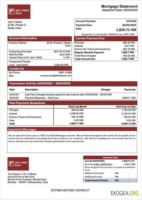 Modèle Word et PDF de relevé hypothécaire Inde IDFC First Bank